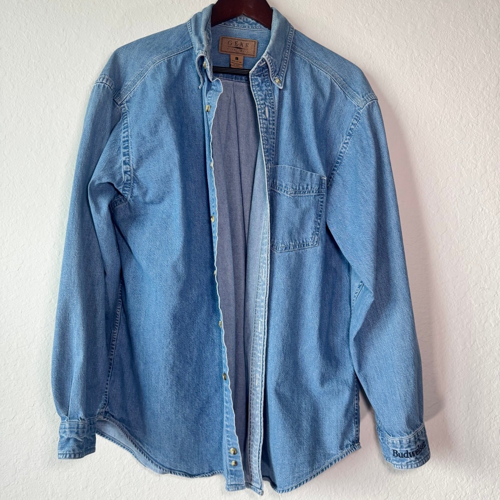 Gear For Sports Mens Size L Budweiser Denim Button Down Shirt Blue Cotton